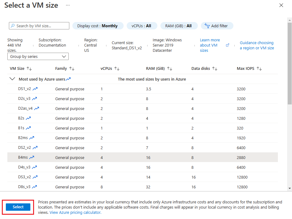 Captura de pantalla del Azure Portal que muestra una lista de tamaños de máquinas virtuales disponibles junto con opciones de filtrado para limitar la selección.