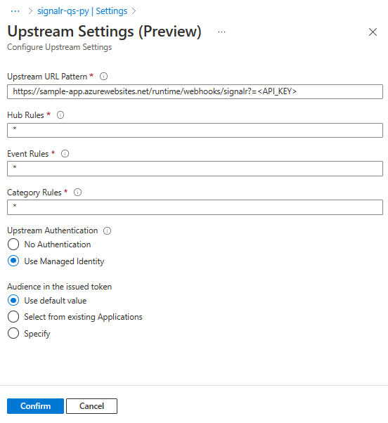 Recorte de pantalla de los detalles de la configuración ascendente de Azure SignalR.