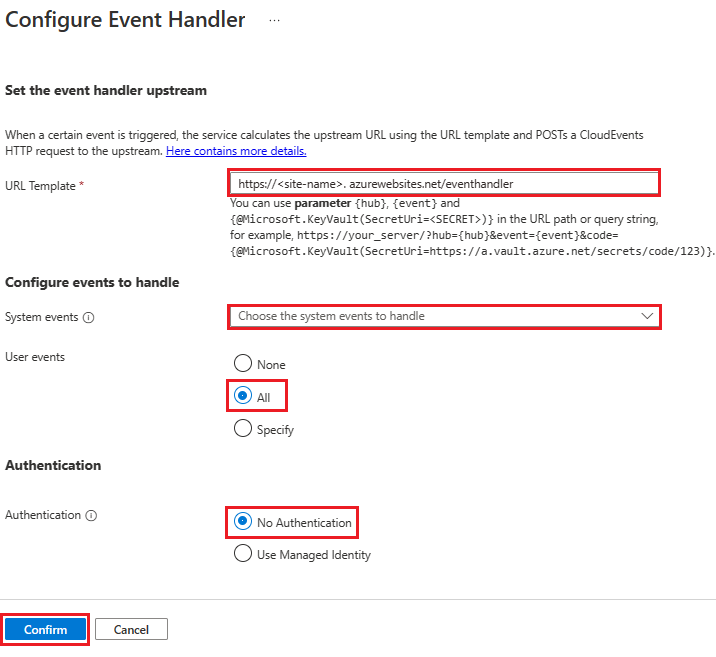 Recorte de pantalla del controlador de eventos de configuración de Azure Web PubSub.