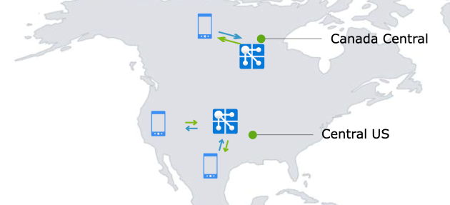 Diagrama del uso de dos instancias de Azure Web PubSub para controlar el tráfico de dos países. 