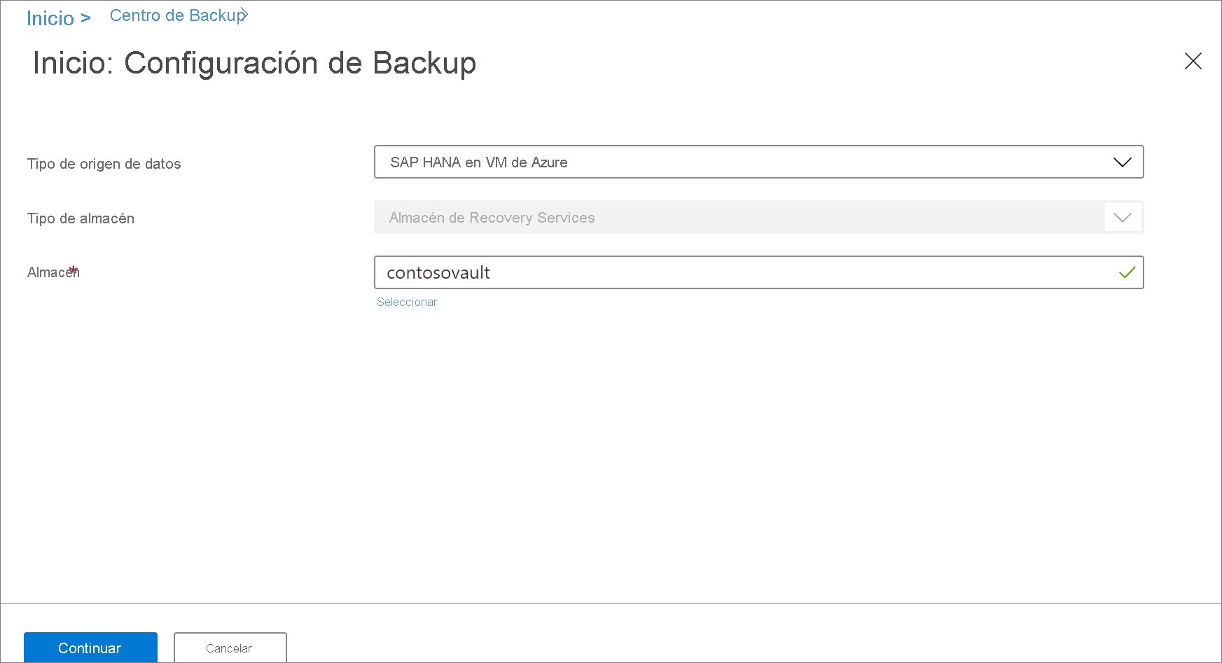 Captura de pantalla en la que se muestra la selección de una base de datos de SAP HANA en una máquina virtual de Azure.