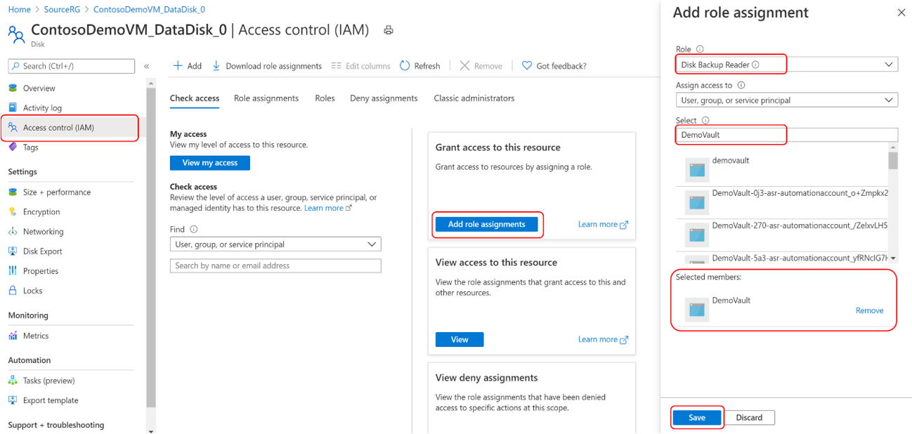 Captura de pantalla en la que se muestra el proceso de asignación del rol Lector de copias de seguridad de disco a la identidad administrada del almacén de Backup en el disco de origen del que se tiene que realizar la copia de seguridad.