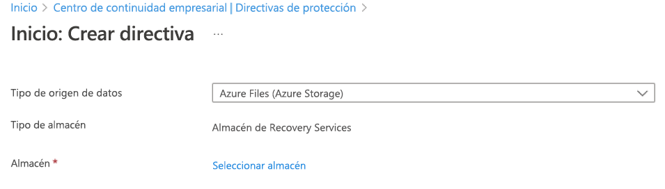 Captura de pantalla en la que se muestra la selección de Recurso compartido de archivos de Azure como tipo de directiva.