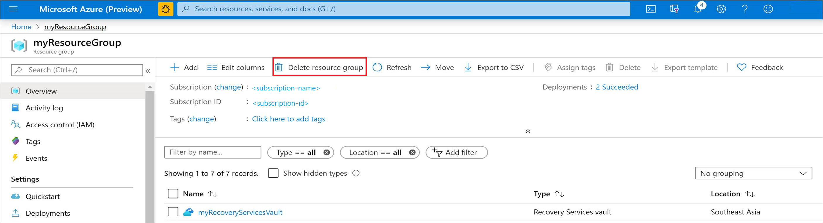 Captura de pantalla que muestra cómo eliminar el grupo de recursos de la Azure Portal.