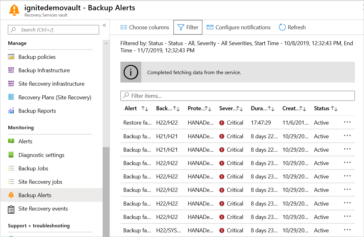 Captura de pantalla que muestra una lista de alertas de copia de seguridad en el panel 