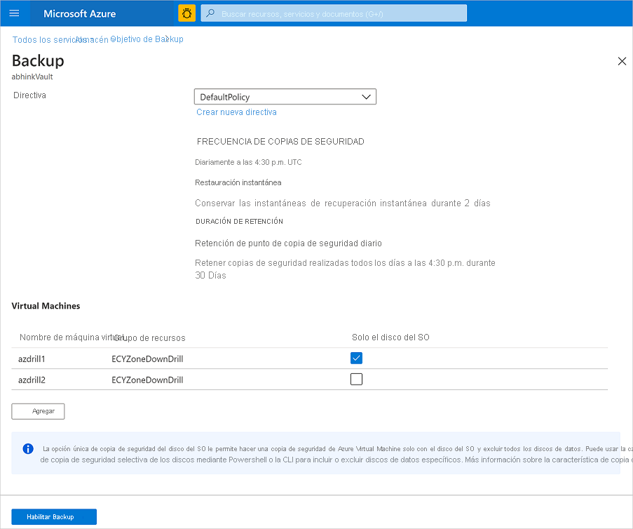 Configuración de la copia de seguridad solo para el disco del sistema operativo