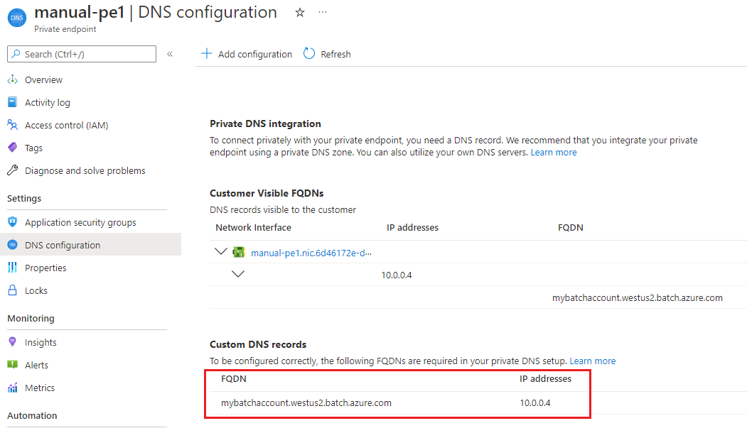 Configuración DNS y direcciones IP del punto de conexión privado