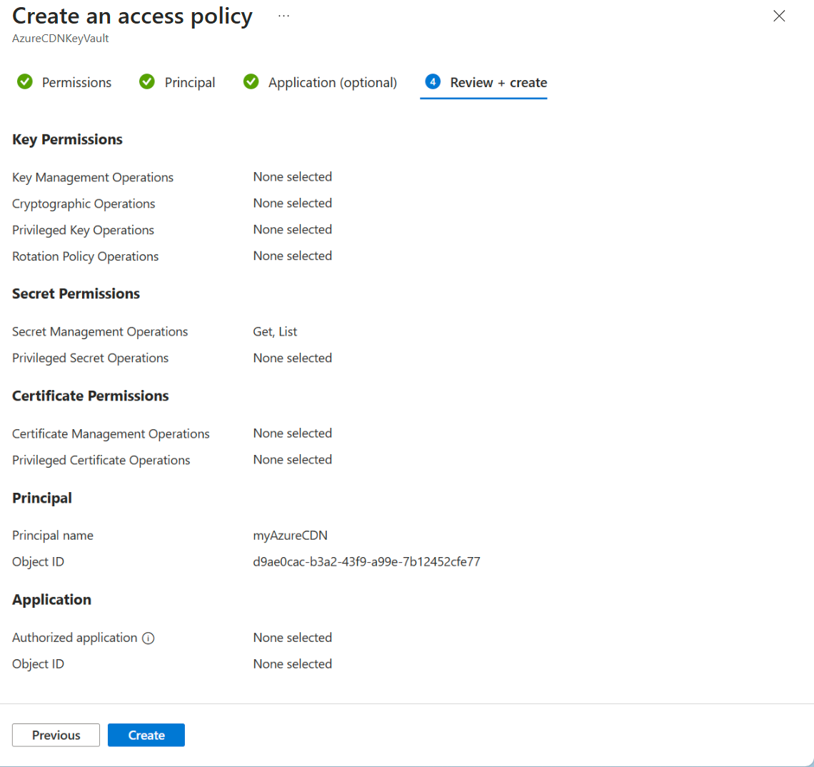 Captura de pantalla de la pestaña de revisión y creación de la directiva de acceso de Key Vault.