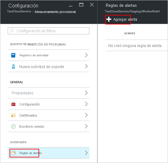 Captura de pantalla del panel Configuración con la opción Reglas de alerta seleccionada y señalada en rojo y la opción Agregar alerta señalada en rojo.