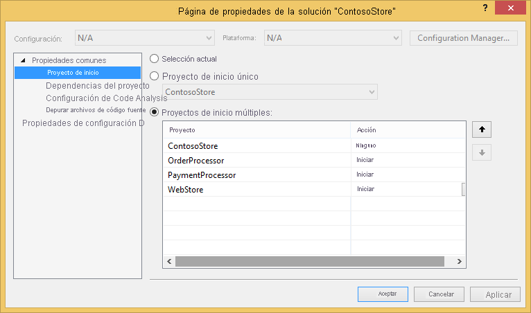 Propiedades del proyecto de inicio de la solución