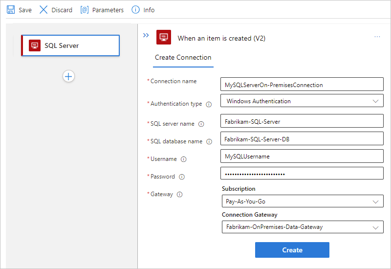 Captura de pantalla que muestra Azure Portal, flujo de trabajo Estándar e información de conexión local de SQL Server con la autenticación seleccionada.