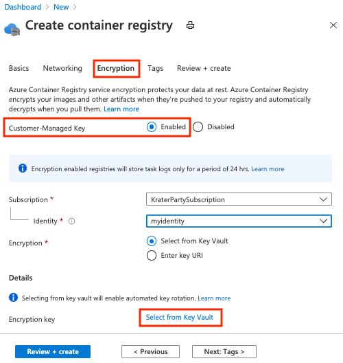 Captura de pantalla que muestra las opciones para crear un registro cifrado en el Azure Portal.