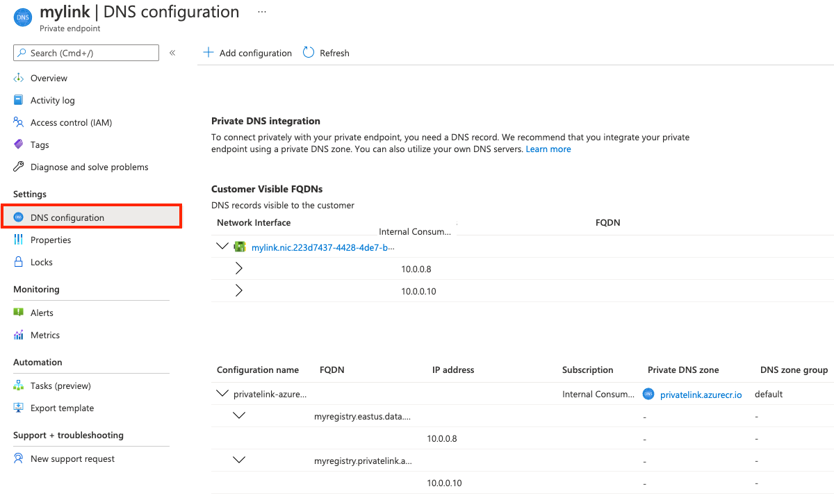 Configuración DNS del punto de conexión en el portal