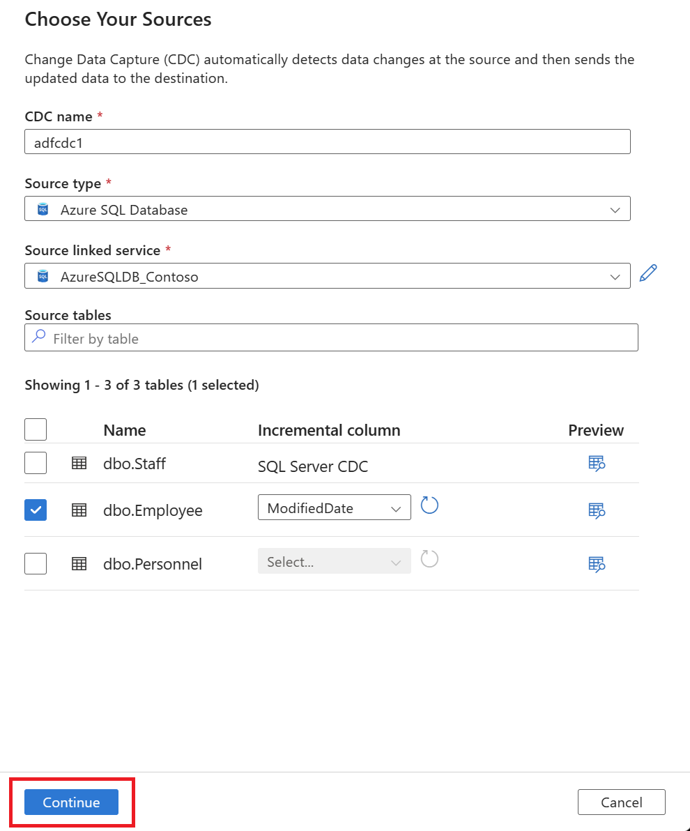 Captura de pantalla del botón Continuar en el proceso guiado para seleccionar un destino de datos.