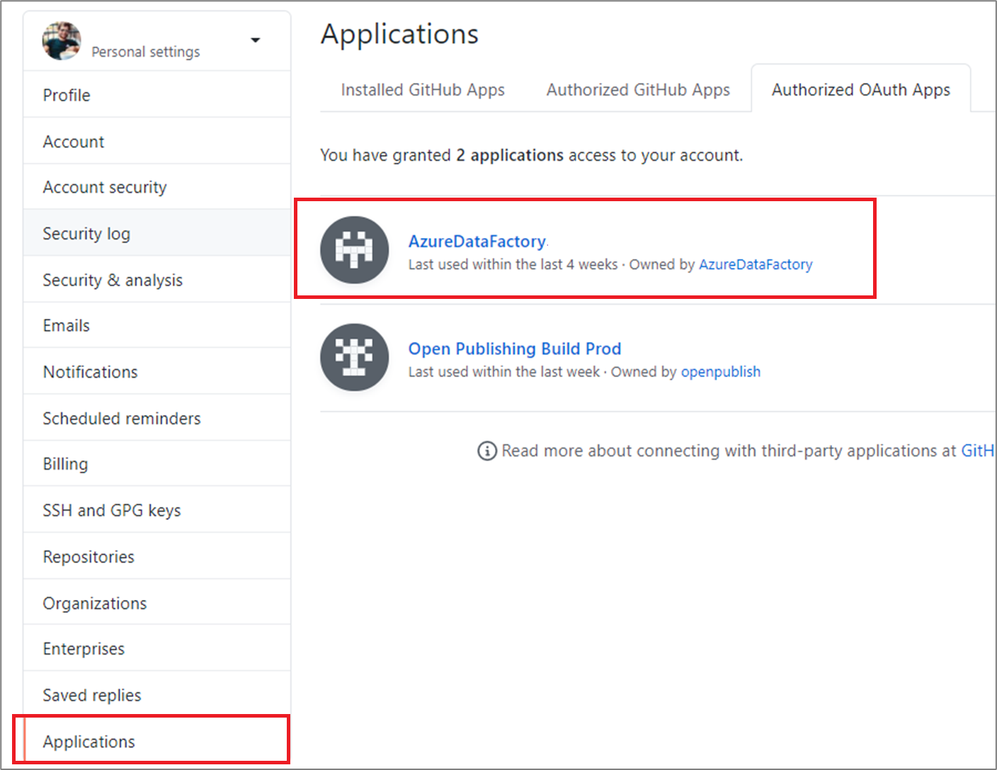 Selección de aplicaciones de OAuth