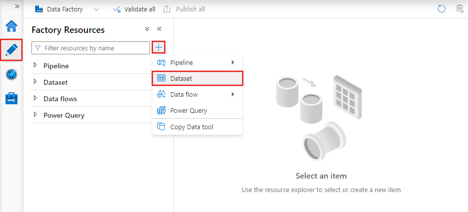 Muestra la pestaña Autor del Azure Data Factory Studio con el botón nuevo conjunto de datos seleccionado.