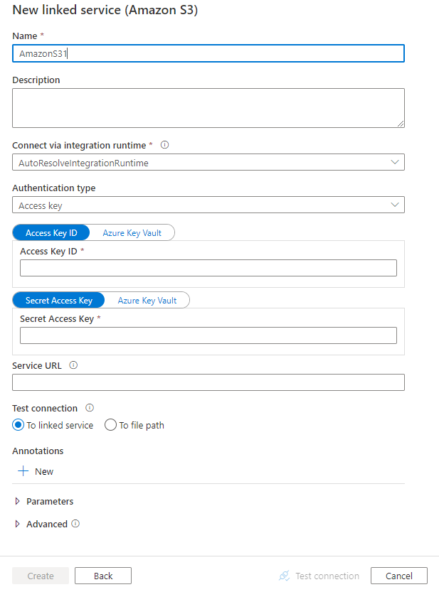 Captura de pantalla de la configuración de un servicio vinculado de Amazon S3.