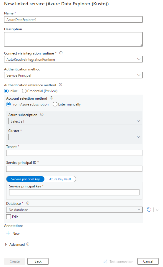 Captura de pantalla de la configuración del servicio vinculado a Azure Data Explorer.