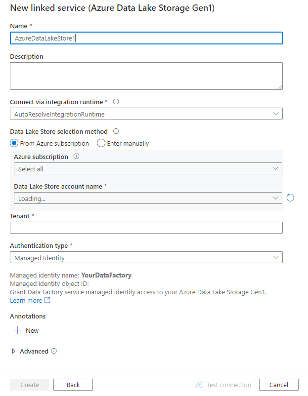 Captura de pantalla de la configuración del servicio vinculado de Azure Data Lake Storage Gen1