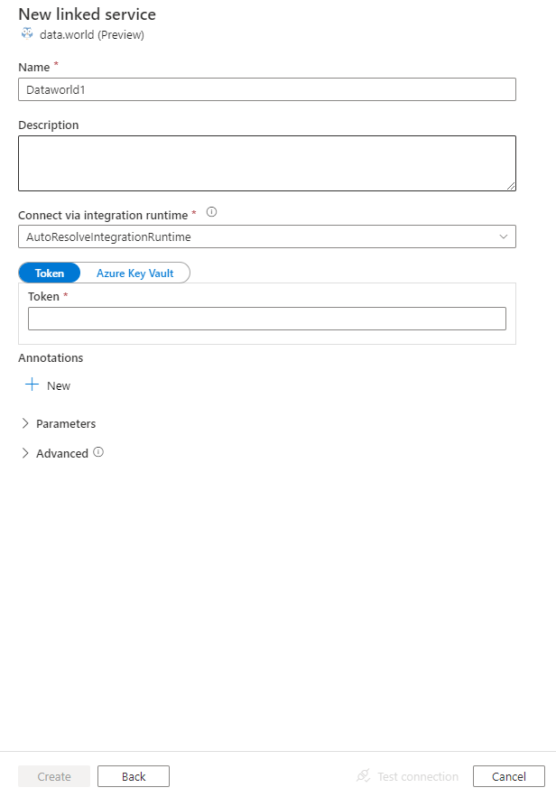 Captura de pantalla de configuración del servicio vinculado de data.world.