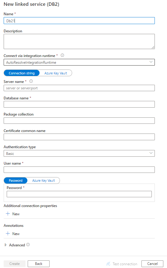 Captura de pantalla de la configuración del servicio vinculado en DB2.