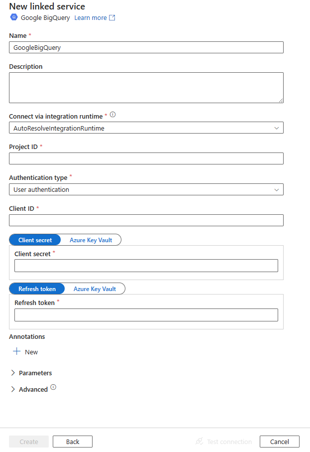 Captura de pantalla de la configuración del servicio vinculado en Google BigQuery.