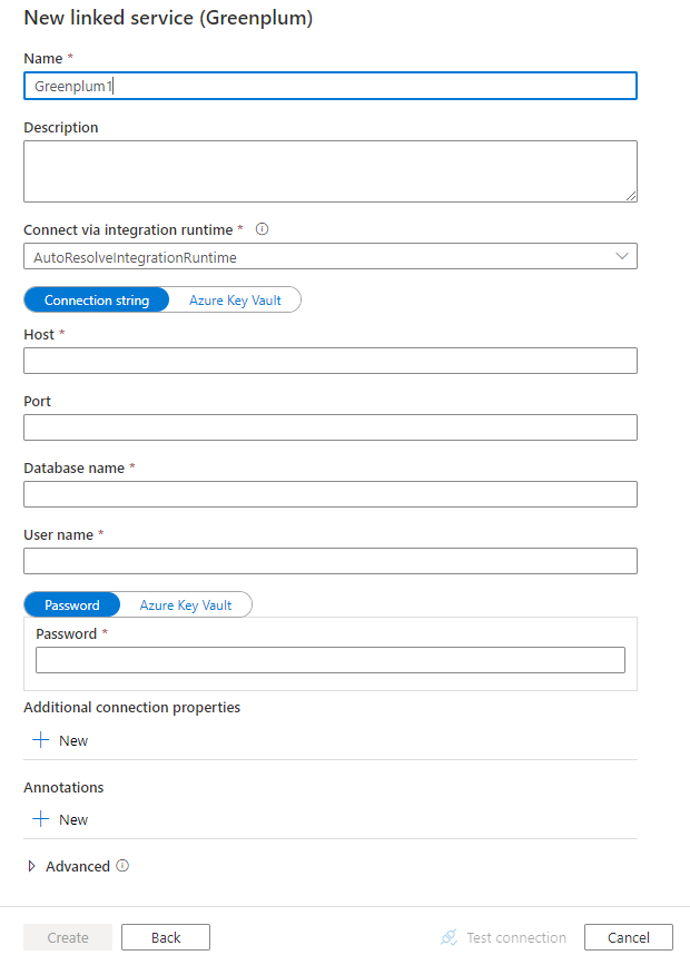 Captura de pantalla de la configuración del servicio vinculado en Greenplum.