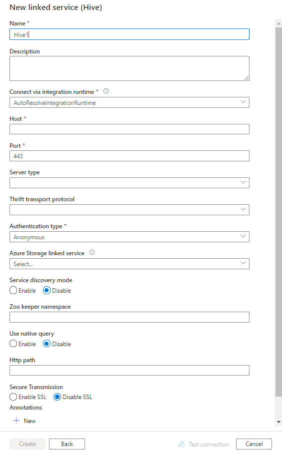 Configuración de un servicio vinculado a Hive.