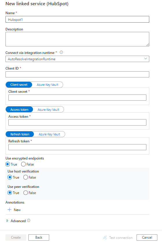 Configuración de un servicio vinculado en HubSpot.