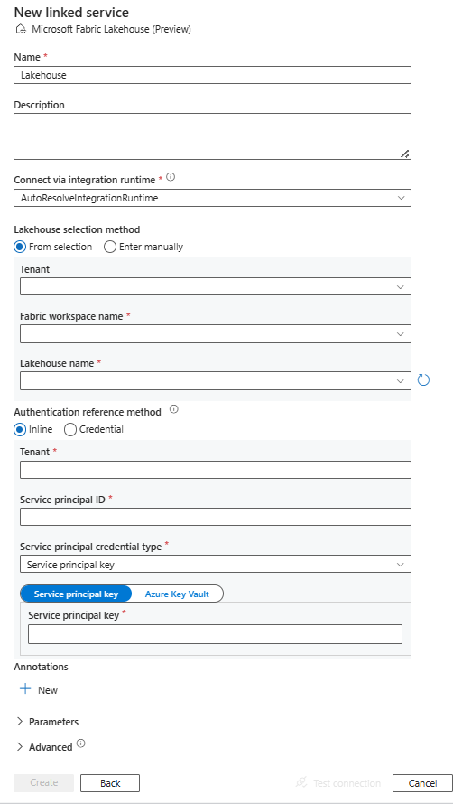 Captura de pantalla de la configuración del servicio vinculado de Microsoft Fabric Lakehouse.