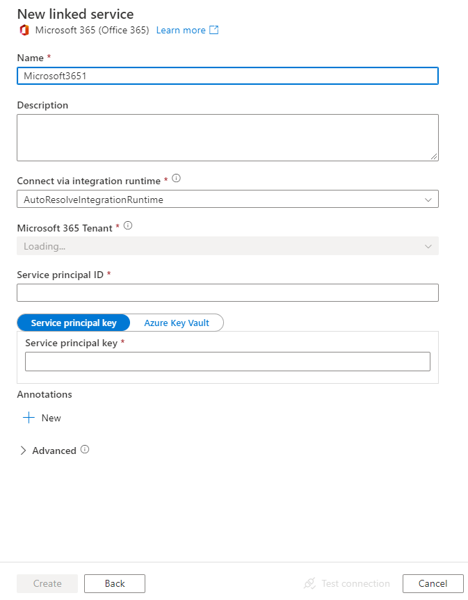 Captura de pantalla de la configuración del servicio vinculado para Microsoft 365 (Office 365).