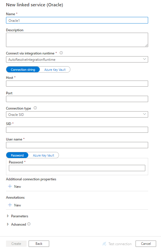 Captura de pantalla de la configuración del servicio vinculado en Oracle.