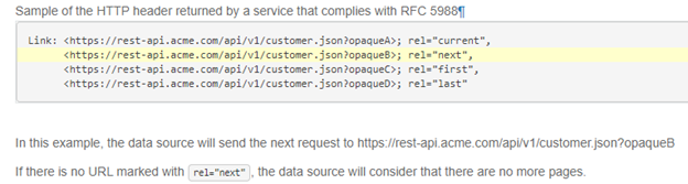 Captura de pantalla en la que se muestran los ejemplos del encabezado HTTP que cumple con RFC 5988.