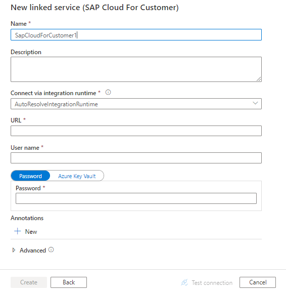 Configure un servicio vinculado a SAP Cloud for Customer.