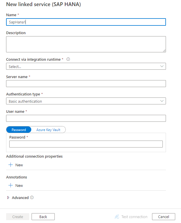 Captura de pantalla de la configuración del servicio vinculado de SAP HANA.