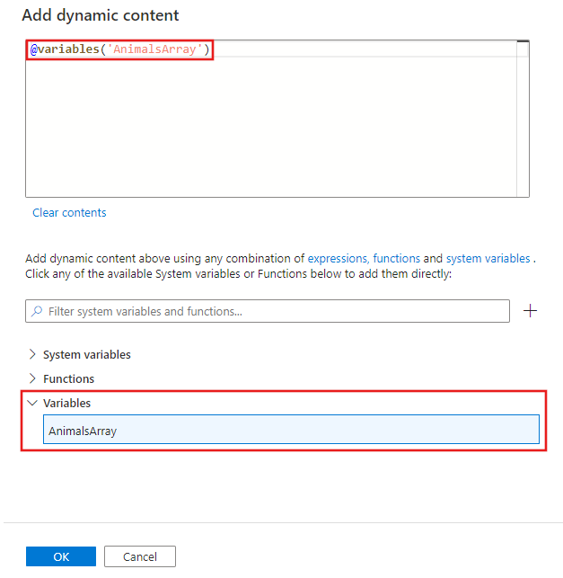 Muestra el editor de contenido dinámico con la variable creada en el primer paso seleccionada.