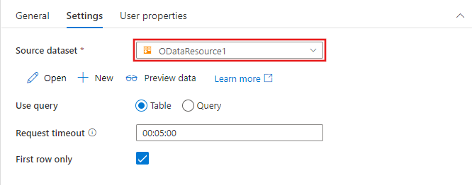 Muestra las opciones de configuración de la actividad de búsqueda de un conjunto de datos de OData.