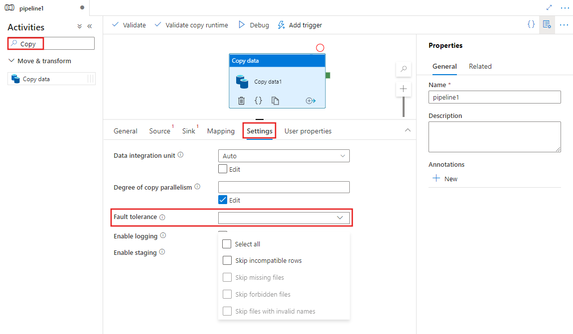 Muestra la interfaz de usuario de una actividad Copiar datos en la pestaña Configuración con la configuración tolerancia a errores resaltada.