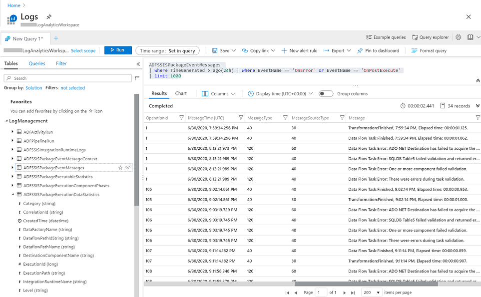 Consulta de los registros de ejecución de paquetes SSIS en Log Analytics