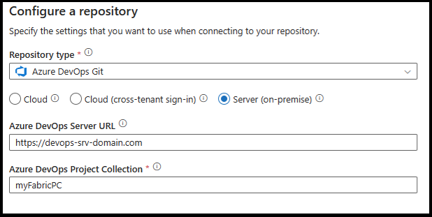 Captura de pantalla que muestra la configuración de ADO de un repositorio mediante el servidor.