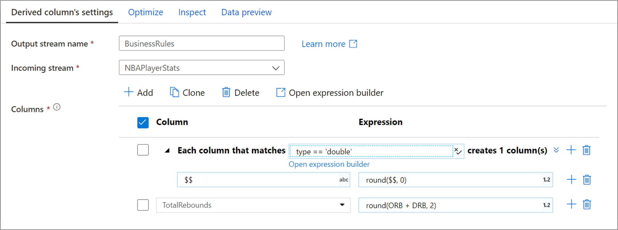 Captura de pantalla que muestra la pestaña Derived column's settings (Configuración de la columna derivada).