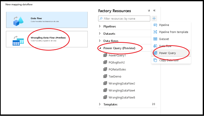 Captura de pantalla que muestra Power Query en el panel de recursos de fábrica.