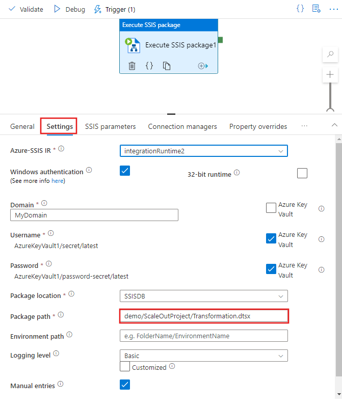 Establecer las propiedades en la pestaña Settings (Configuración): manual