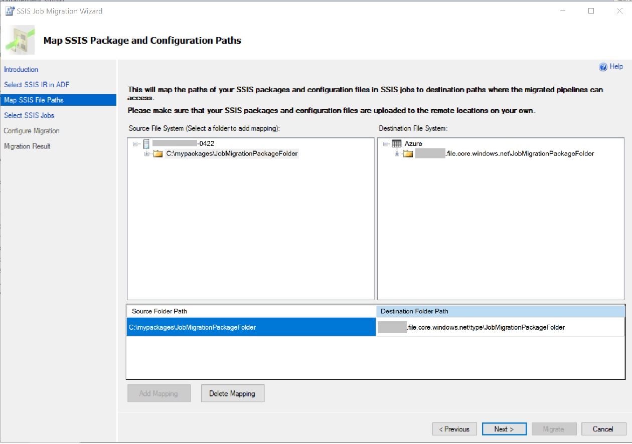 Instantánea de la página Map SSIS Package and Configuration Paths (Asignar paquete de SSIS y rutas de configuración), donde se pueden actualizar las rutas de las carpetas de origen y destino.