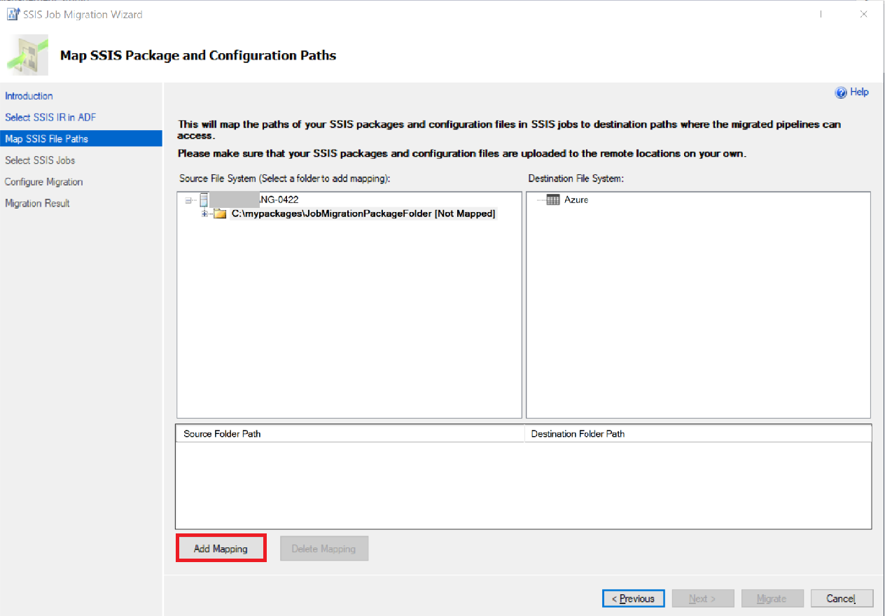 Instantánea de la página Map SSIS Package and Configuration Paths (Asignar paquete de SSIS y rutas de configuración), donde se pueden agregar asignaciones.