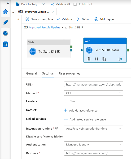 Captura de pantalla que muestra la configuración de las actividades web Obtener estado de SSIS IR.