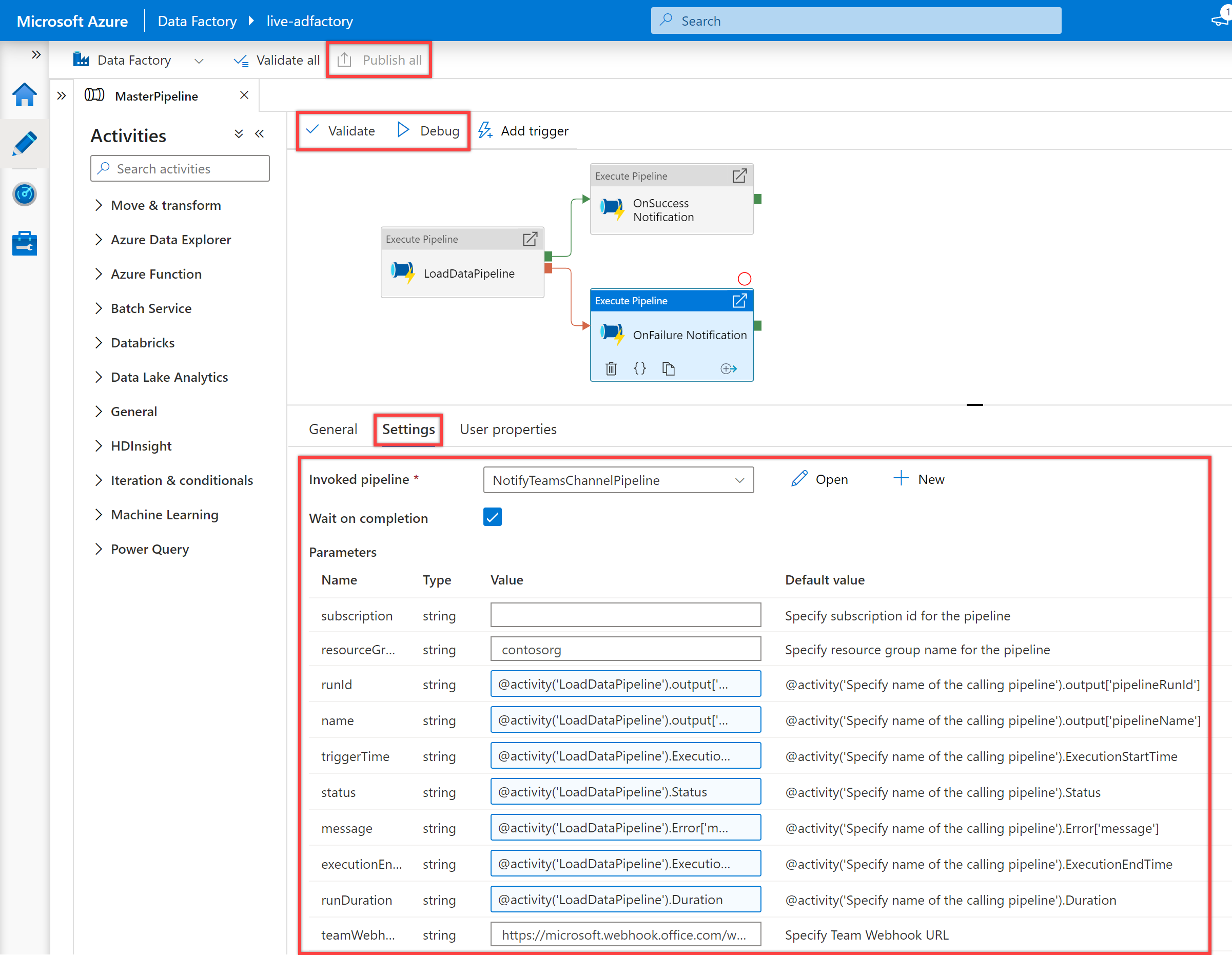 Se muestra el panel Configuración de "OnFailure Notification" de la tercera actividad "Ejecutar canalización" de la canalización "NotifyTeamsChannelPipeline".