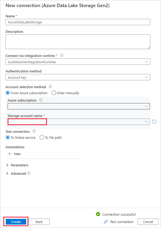 Captura de pantalla que muestra la configuración de la conexión de Azure Data Lake Storage Gen2.