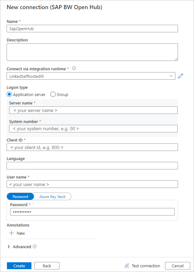 Página de creación de servicio vinculado de Open Hub para SAP BW