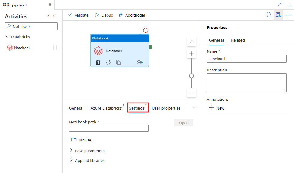 Muestra la interfaz de usuario de la pestaña Configuración de una actividad de Notebook.